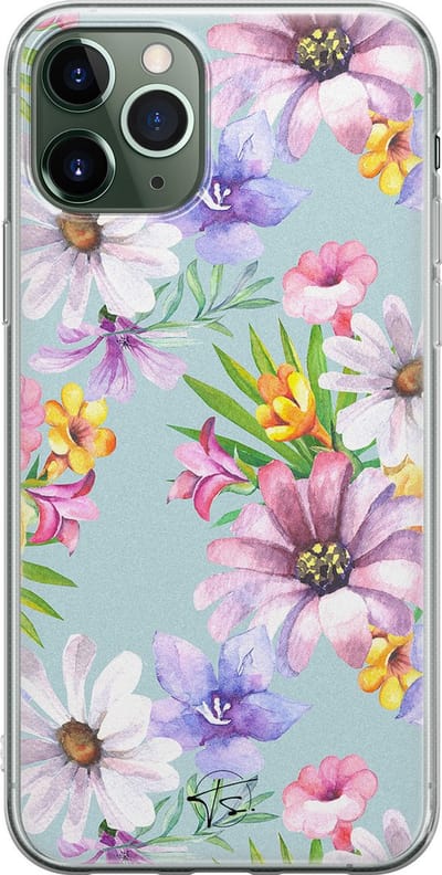 Hoesje geschikt voor iPhone 11 Pro Max - Mint bloemen - Soft Case - TPU - Bloemen - Blauw - Mooie Telefoonhoesjes