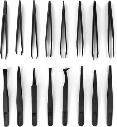 Kunststof Pincetten - Precisie Tangen - Elektronica Reparatie - Antistatische Werking - 16 Stuks - Zwart