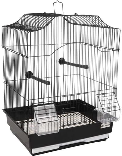 Vogelkooi – Flamingo Lampung 2 – zwart huis – 34x28x44,5 cm – metalen vogelkooi met zitstokken & eet-/drinkbakjes – uitschuifbare lade – geschikt als vervoerskooi of ziekenkooi