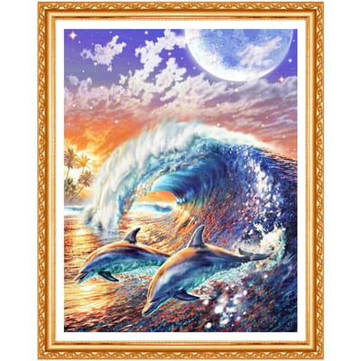 Peinture de diamant de dauphin ondulé, broderie complète de diamant rond, point de croix, décoration de maison 20X30CM blue