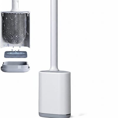 Famanu – Siliconen toiletborstel met platte buigzame kop en sneldrogende houder, mat wit