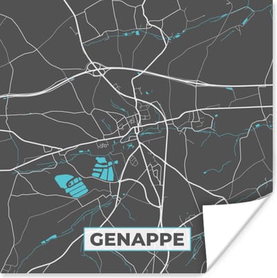 Poster Stadskaart – Grijs - Kaart – Genappe – België – Plattegrond - 100x100 cm XXL