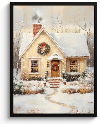 Poster in lijst - Fotolijst 50x70 cm - Posters - Kerst - Huis - Winter - Sneeuw - Posterlijst zwart - Decoratie - Wanddecoratie woonkamer - Muurdecoratie slaapkamer - Kerstversiering - Kerstdecoratie voor binnen - Kerstmis