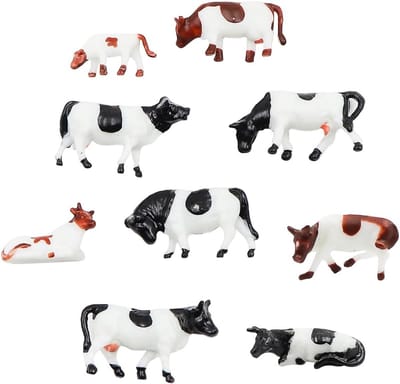 9-delige set boerderij dieren figuren, 1:87 geschilderde model koeien en miniaturen voor HO-schaal model treinlandschap en diorama's