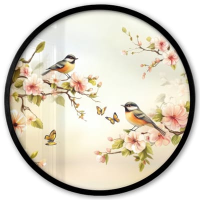 Poster in lijst Rond - Fotolijst 40x40 cm - Posters - Takken - Bloemen - Vogeltjes - Roze - Ronde posterlijst zwart - Decoratie - Wanddecoratie woonkamer - Muurdecoratie slaapkamer