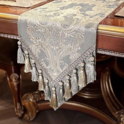 Tafelloper met Kwastjes, Dubbellaags Damast Tafelkleed voor Eettafel/ Eetkamer/ Restaurant/ Festivaldecoratie (33x180 cm, Lichtgrijs)