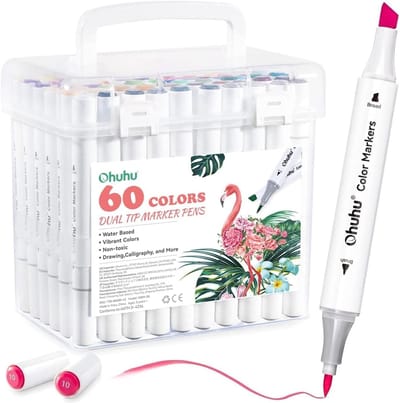 Alcohol Markers - Kleurpotlood Set - Waterbasis - Dubbelzijdige Penselen en Chiselpunten - 60 Kleuren - Voor Creatieve Volwassenen