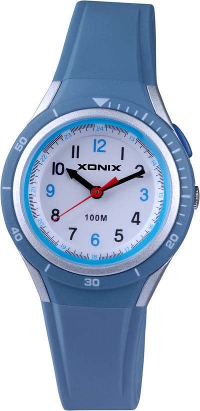 Xonix ABO-004 - Horloge - Analoog - Kinderen - Unisex - Siliconen band - ABS - Cijfers - Waterdicht - Blauw - Zilverkleurig - Grijs - 10 ATM