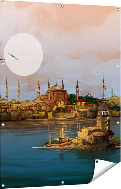 Gards Tuinposter Illustratie van de Maiden's Tower in Istanbul - 90x120 cm - Tuindoek - Tuindecoratie - Wanddecoratie buiten - Tuinschilderij