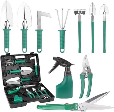 Tuingereedschapsset 10 stuks - Ergonomische handgreep - Schep en tuinschaar - Hark - Watersproeier - Tuincadeaus - Vrouwen en mannen - 37 cm x 28 cm