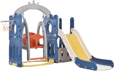 Kinder buitenspeelset - Speelgoed - Kinderspeeltoestel Tuin - Klimtoestel - Voor Buiten / Achtertuin - 3-in-1 - Speeltoestel met Glijbaan, Klimmuur & Basketbalring - Blauw & geel