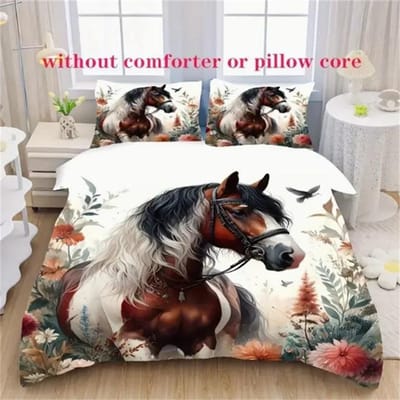 3-delige Dekbedovertrekset met bloemen- en paardenprint (1 Dekbedovertrek + 2 Kussenslopen, Zonder Vulling) - Zachte, Comfortabele En Ademende Slaapkamer AU Single140x210cm black