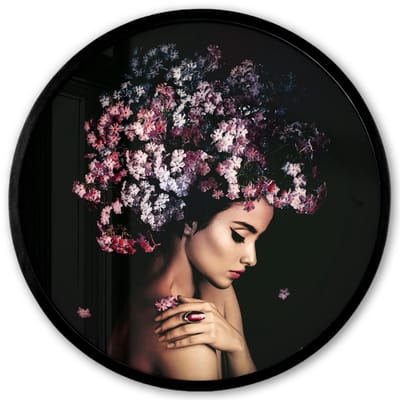 Poster in lijst Rond - Fotolijst 40x40 cm - Posters - Bloesem - Vrouw - Roze - Bloemen - Luxe - Ronde posterlijst zwart - Decoratie - Wanddecoratie woonkamer - Muurdecoratie slaapkamer