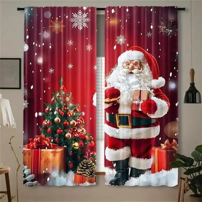 3D 2-delige set kerstgordijnen van de Kerstman - Digitale print, tunnelontwerp, polyester - Perfect voor woonkamer, keuken, slaapkamer W50X130H(cm)x2Pcs&Grommet Top