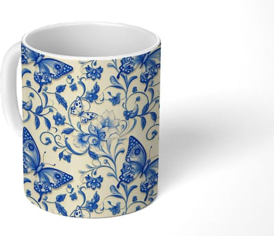 Mok - Koffiemok - Vlinders - Bloemen - Blauw - Botanisch - Mokken - 350 ML - Beker - Koffiemokken - Theemok