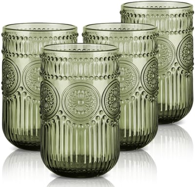 Dailygoods- Drinkglazen set van 4 - 410ml/14oz - Gekleurd loodvrij glas - Vintage reliëf zonnebloem - Vaatwasmachinebestendig - Duurzaam en BPA-vrij - Waterglazen