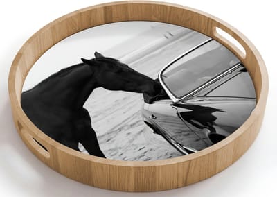 Dienblad rond 40x40 cm - Schootdienblad hout - Paard - Auto - Zwart - Wit - Borrelplank rechthoek - Plateau houten dienbladen