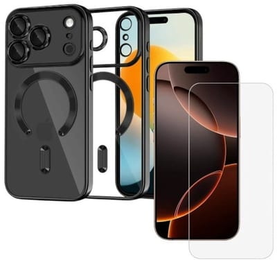 Backcover hoesje Geschikt voor: iPhone 17 Pro - met geïntegreerde Camera lens bescherming + 1x Screen protector [magnetische hoes] compatibel met MagSafe Dames Heren - Zwart