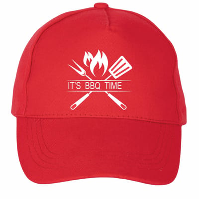 Mijncadeautje - 5 panel - BBQ Cap - Verstelbaar - Pet van 100% dik geborsteld katoen- unisex - opdruk wit - It's BBQ Time - Rood
