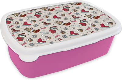Broodtrommel Roze - Lunchbox - Brooddoos - Kerst - Schaats - Kerstcadeau - Patroon - 18x12x6 cm - Kinderen - Meisje