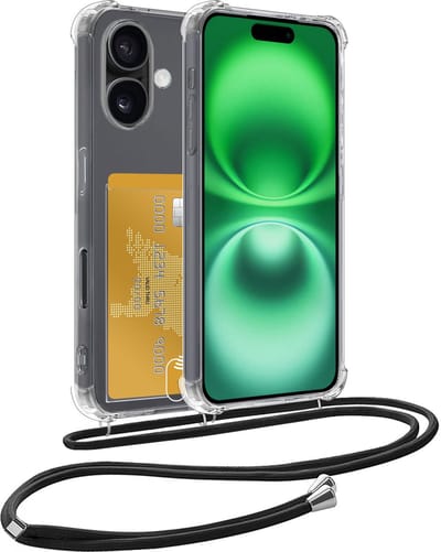 Hoes Geschikt voor iPhone 16 Hoesje Pas Houder Shock Proof Case Hoes Met Koord - Hoesje Geschikt voor iPhone 16 Hoes Met Telefoonkoord Pasjeshouder Cover - Transparant