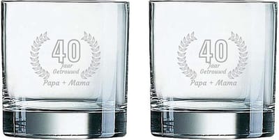 Gegraveerde set Whiskeyglazen 38cl Papa + Mama 40 jaar getrouwd