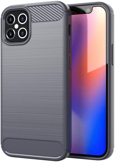 Cadorabo Hoesje geschikt voor Apple iPhone 12 / 12 PRO in BRUSHED GRIJS - Beschermhoes van flexibel TPU siliconen in roestvrij staal-carbonvezel look Case Cover