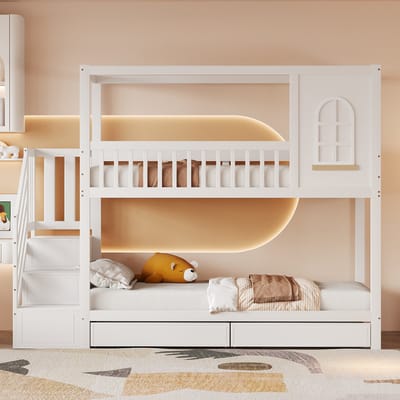 VVBV Huisbed Stapelbed 90x200 cm - Opbergruimte, Lades, Veiligheidstrap, Uitvalbeveiliging, Huisdesign - Massief Hout Wit