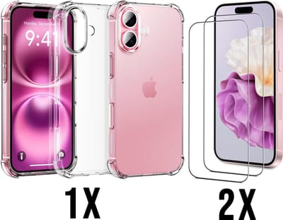 Casemania Hoesje Geschikt voor Apple iPhone 16 - Transparant - Anti Shock Back Cover / 2x Glazen Screenprotector