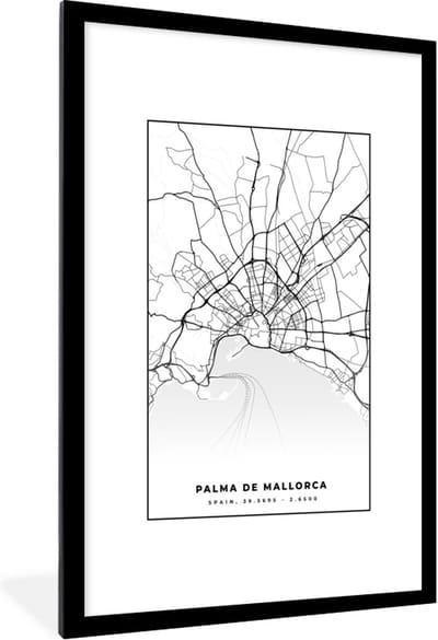Fotolijst incl. Poster Zwart Wit- Mallorca - Stadskaart - Kaart - Zwart Wit - Plattegrond - 80x120 cm - Posterlijst