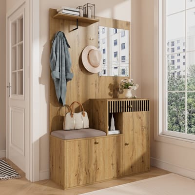 DESMIU Halmeubelset - Met Spiegel En Gevoerde Zitting - Schoenenkast En Kapstok Voor Hal En Entree - MDF - 110x37x185,5 Cm - Zwart Naturel