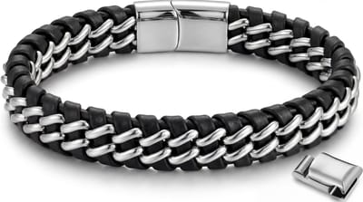 Armband zwart heren - staal Vito 19cm - Magnetische armband van Mauro Vinci 21cm - Verstelbaar in lengte - Armband leer met geschenkverpakking