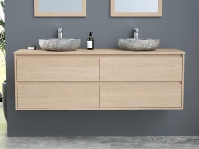 Vente-unique Hangmeubel voor badkamer met dubbele wastafel om erop te plaatsen in steen - Eikenfineer - 150 cm - MILIPAM
