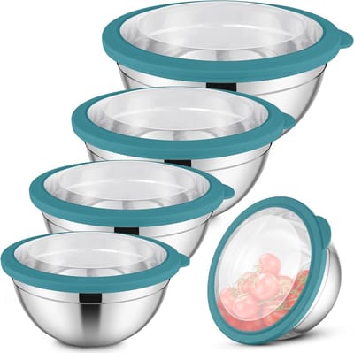 5-delige RVS Mengkom Set met Transparante Luchtdichte Deksel, Ideaal voor Salades, Bakken en Serveren, Stapelbaar en Vaatwasserbestendig, Inhoudsmaat: 4.5L, 2.7L, 1.5L, 1.2L en 0.7L