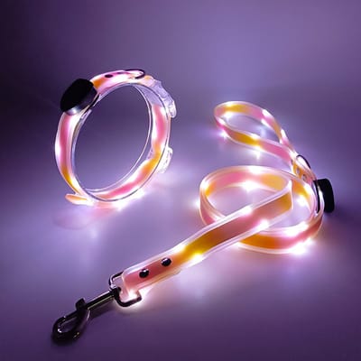 Lichtgevende halsband-nachtzicht-verloren voorkomen-hondentuig-hoog helderheid-hondenriem-huisdieraccessoire—Roze-oranje halsband + riem