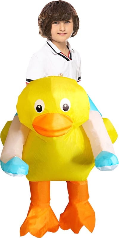 KIMU® Opblaas Kostuum Kinderen Rijdend op Badeend - Maat 122 128 134 140 146 152 - Opblaasbaar Pak - Badeendpak Mascotte Opblaaspak - Opblaasbare Badeendje Duck Eend Festival