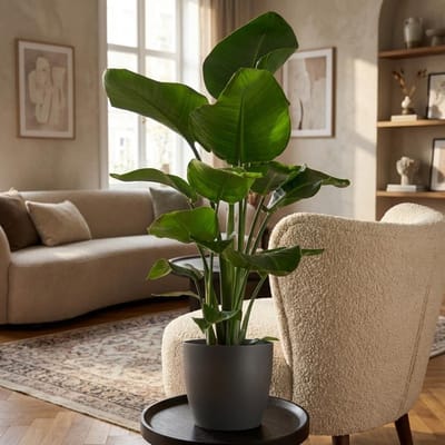 Green boutiQ - Kamerplant - Paradijsvogelplant - Strelitzia Nicolai - Groen - Weinig onderhoud - 1 Plant - met Potter Grijs - Pot 21cm - Hoogte 80 - 90cm