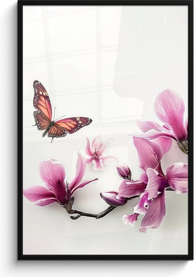 Poster in lijst - Fotolijst 80x120 cm - Posters - Bloesem - Vlinder - Roze - Natuur - Wit - Posterlijst zwart - Wanddecoratie badkamer - Muurdecoratie WC - Decoratieve accessoires - Toilet muur decoratie