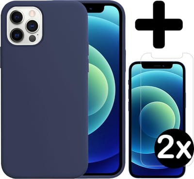 Hoesje - Met 2x Screenprotector - Geschikt voor Apple iPhone 12 Pro - Sterk & Shockproof - Telefoon Hoes - Back Cover - Siliconen Case - Telefoonhoes - Donkerblauw