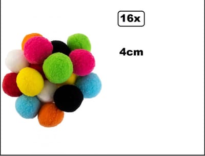 16x Pom Pom 4 cm assortie kleur - Thema feest accesoires festival carnaval optocht evenement party