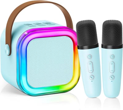 【2025 Nieuwste】 Mini karaokemachine voor kinderen, meisjes en jongens - Draagbare Bluetooth-luidspreker met 2 draadloze microfoons - Verjaardagscadeaus voor kinderen van 4-10 jaar - Accessoires voor kinderinstrumenten - Blauw