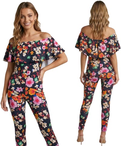 John Zack - Zwarte Jumpsuit/Broekpak met bloemen