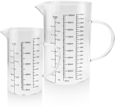 Dailygoods - IIRC Maatbekerset, glazen maatbekers 500 ml + 1 l, met 3 maatschalen (l/oz/kopjes), voor bakken en koken, magnetron- en vaatwasmachinebestendig
