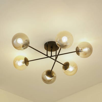 Lindby - plafondlamp - 6lichts - Ijzer, glas - H: 28 cm - E14 - zwart, rookgrijs