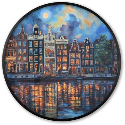 Poster in lijst Rond - Fotolijst 60x60 cm - Posters - Grachten Amsterdam - Huizen - Stad - Kleurrijk - Ronde posterlijst zwart - Decoratie - Wanddecoratie woonkamer - Muurdecoratie slaapkamer