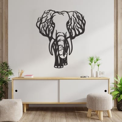 Wanddecoratie - Olifant Uit Takken En Bomen - Dieren - Hout - Wall Line Art - Muurdecoratie - Woonkamer - Slaapkamer - Om Aan De Muur Te Hangen - Zwart - 69.5 x 59 cm
