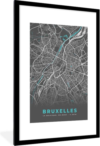 Fotolijst incl. Poster - Kaart – Plattegrond – Stadskaart – Bruxelles – België - Grijs - 80x120 cm - Posterlijst