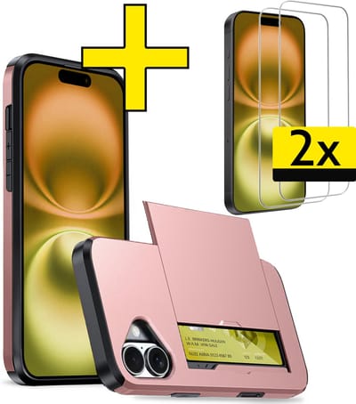Hoesje Geschikt voor iPhone 16 Hoesje Case Pashouder Hard Cover Met 2x Screenprotector - Hoes Geschikt voor iPhone 16 Hoesje Met Kaarthouder - Rosé goud