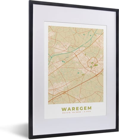 Fotolijst incl. Poster - Kaart - Plattegrond - Vintage - Stadskaart - Waregem - 30x40 cm - Posterlijst