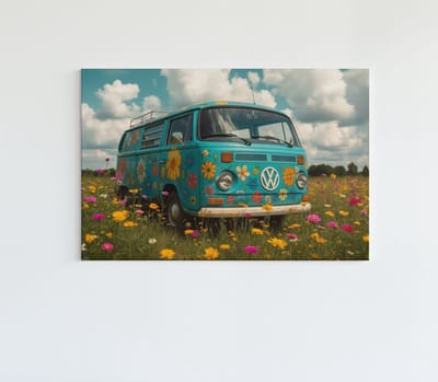 Canvas Schilderij - Retro Bloemenbus op het Veld - Wanddecoratie - 60x40 cm